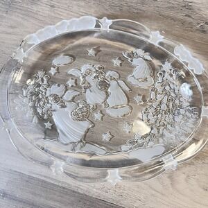Vintage Frosted Glass Christmas Plate Angels Decorating Tree 9.25" x 7" Oval EUC